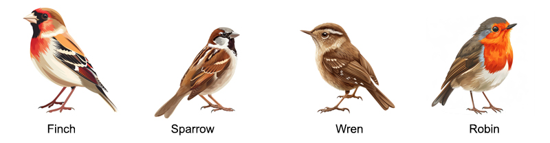 Illustration of Finch, Sparrow, Wren and Robin